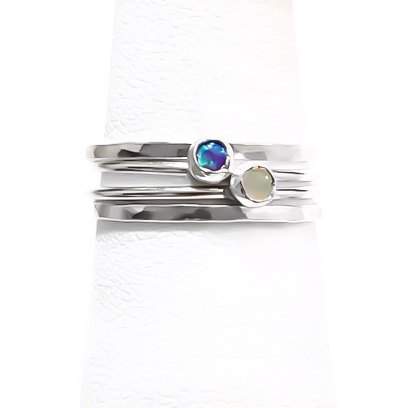 (2-13) 925 Sterling Silver Purple Opal & Rainbow Moonstone Stacking Rings Set - Picture 3 of 8